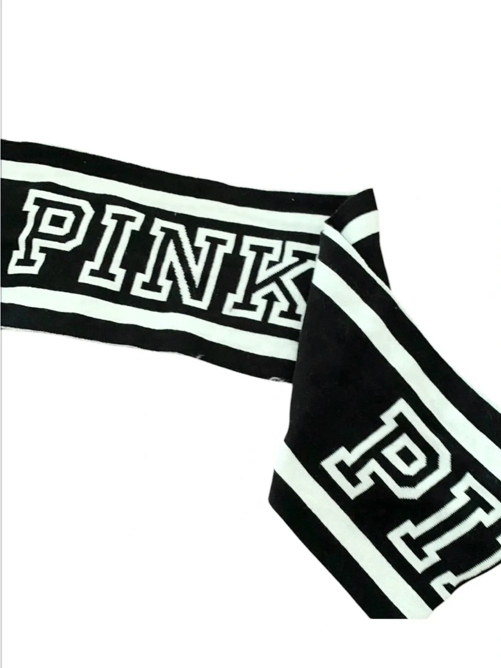 Victoria’s Secret PINK Reversible Knit Scarf Black White Logo 8x61